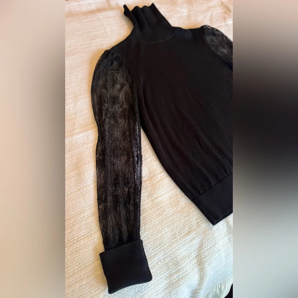 EQUIPMENT Femme Black Wool Silk Turtleneck Sweater Sheer Lace Sleeves Long Cuffs